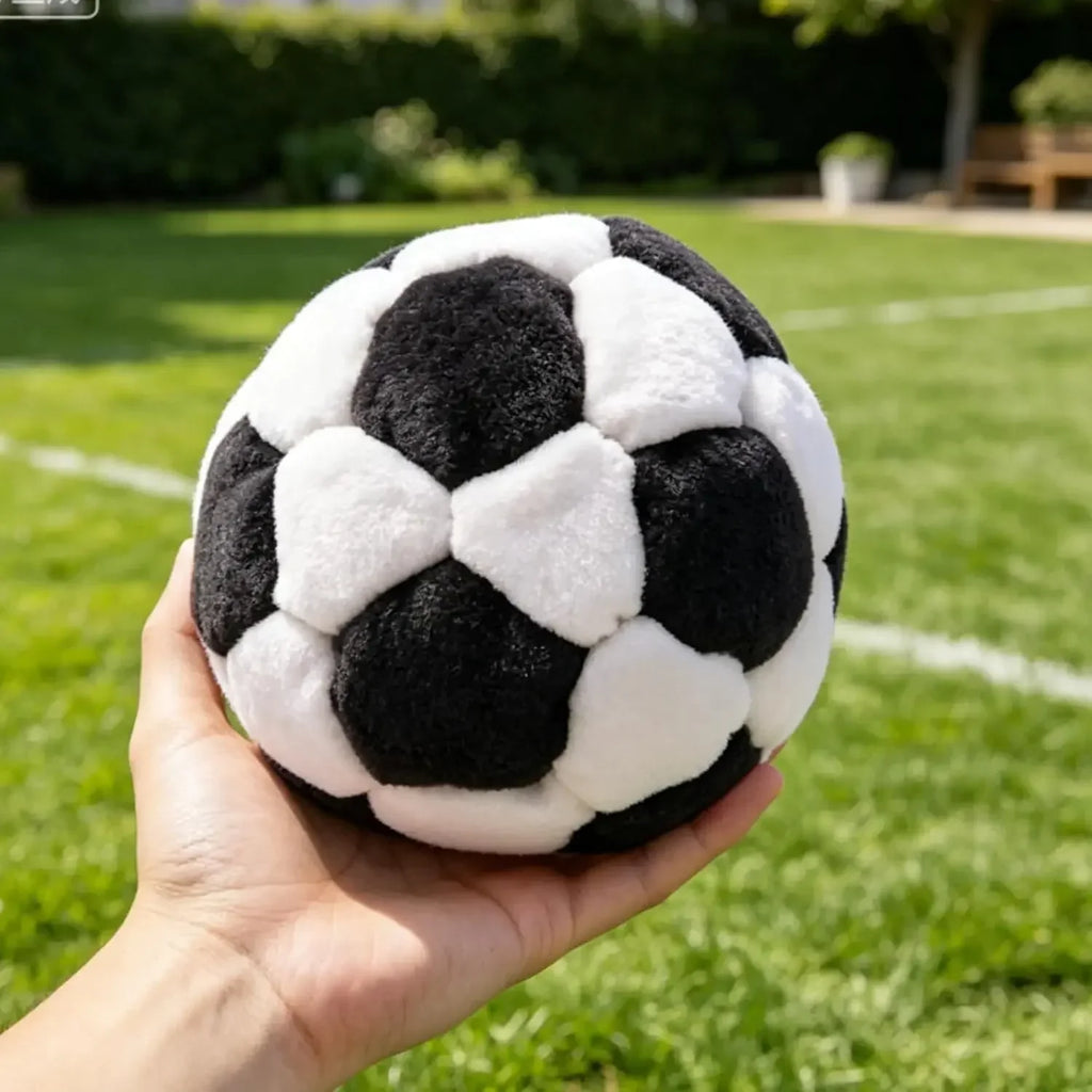 Black and white soccer footbag held in a hand outdoors
