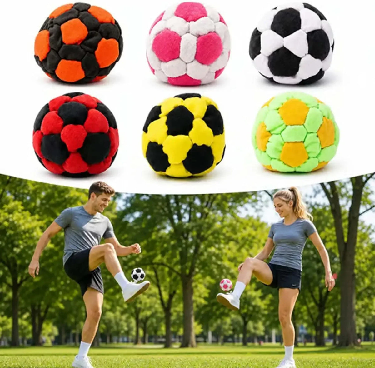 Six soccer-pattern footbag color options with an outdoor play scene; each footbag is sold individually