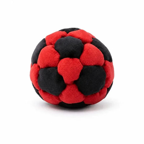 Black and red soft soccer footbag on a white background