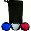 Pack of three blue-black, white-black and red-black footbags with a black carry pouch