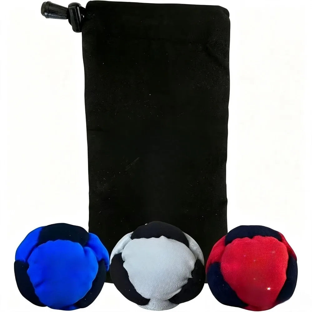 Pack of three blue-black, white-black and red-black footbags with a black carry pouch