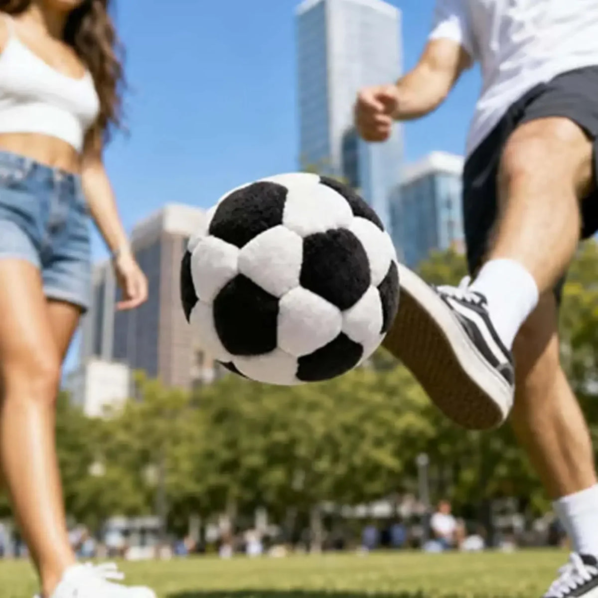 Black and white soccer-pattern footbag shown during outdoor play
