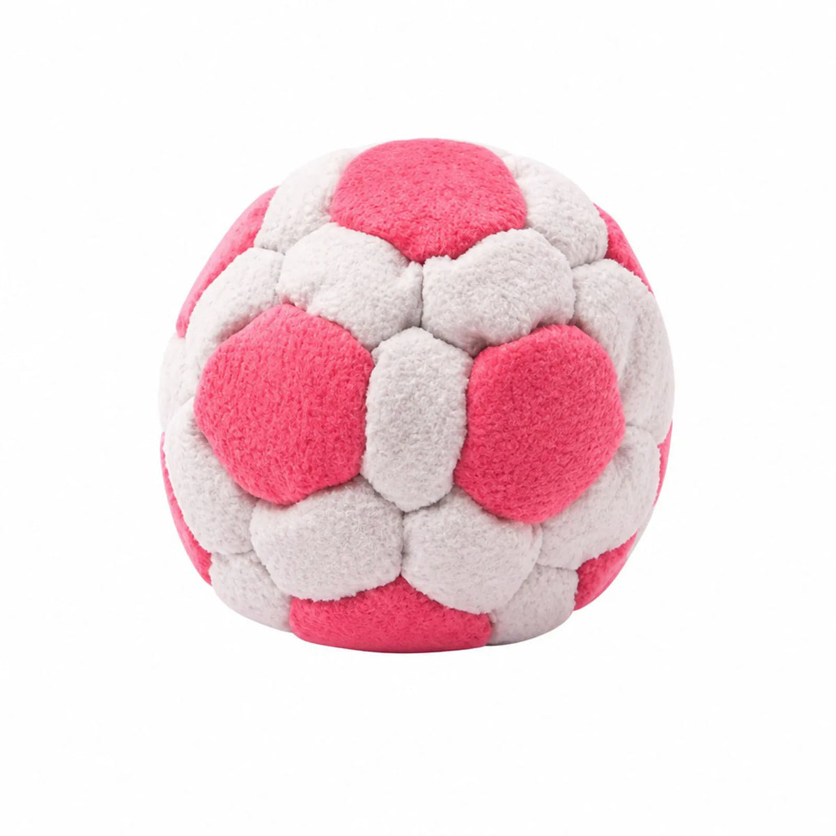 White and pink soft soccer footbag on a white background
