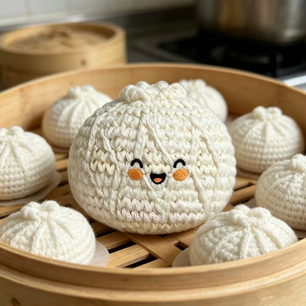 Cream knitted bun-shaped footbag displayed in a bamboo steamer among similar knitted buns