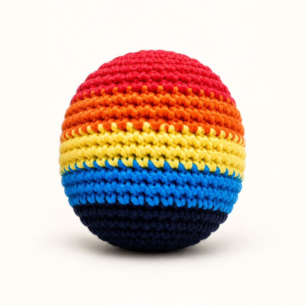 Rainbow-striped handmade crochet footbag shown as a color example; colors and patterns are selected at random.