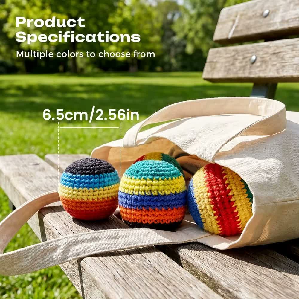 Crochet footbags on a park bench beside a canvas bag, showing an approximate diameter of 6.5 cm.